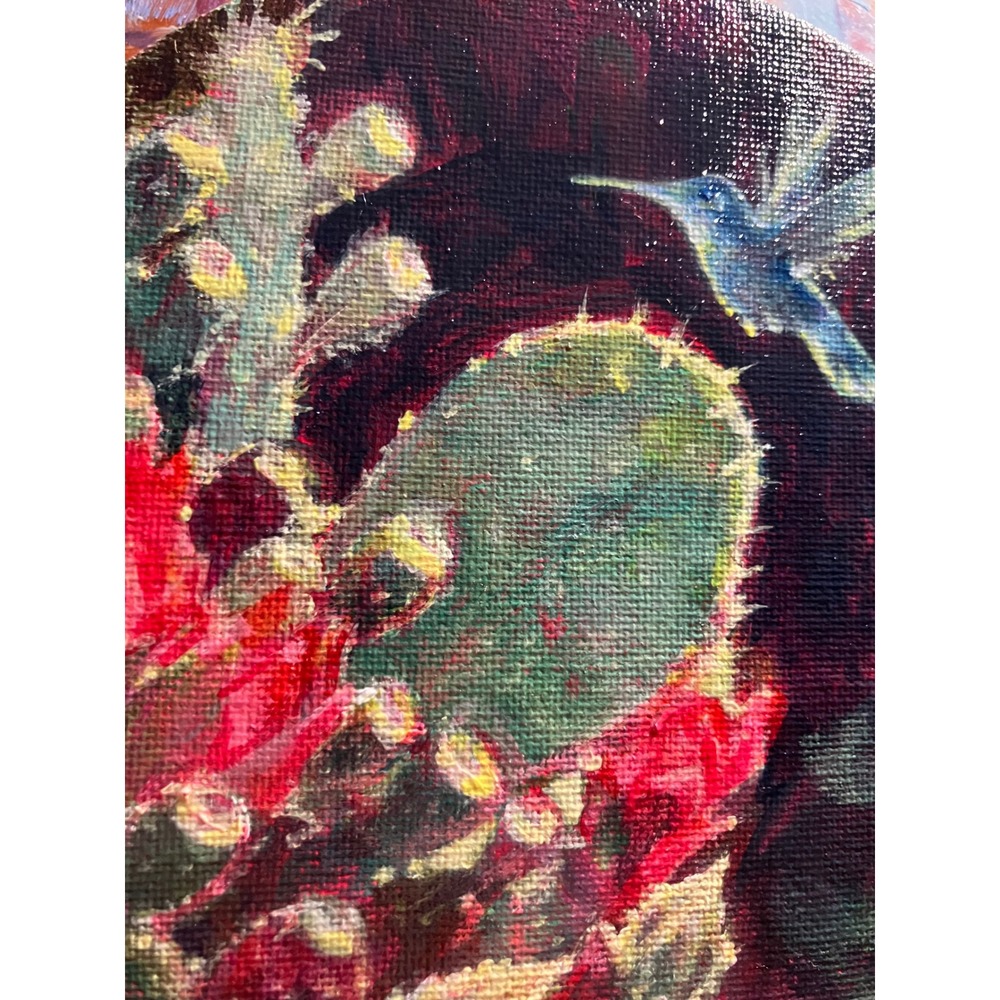 Original Hummingbird & Cactus painting Art Round desert blooming prickly pear - Picture 6 of 8